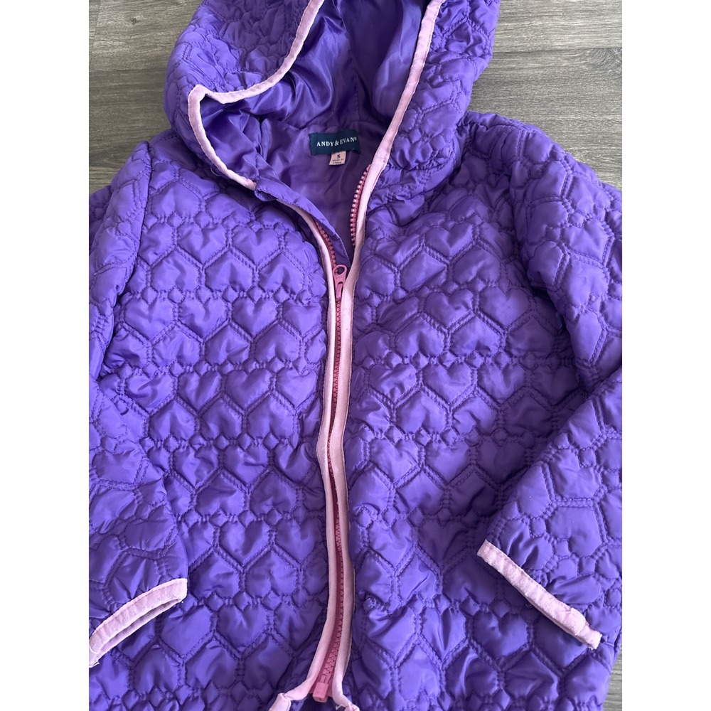 Andy & Evan Girls Purple Heart Quilted Hooded Puffer Jacket Size 5 Pink Trim